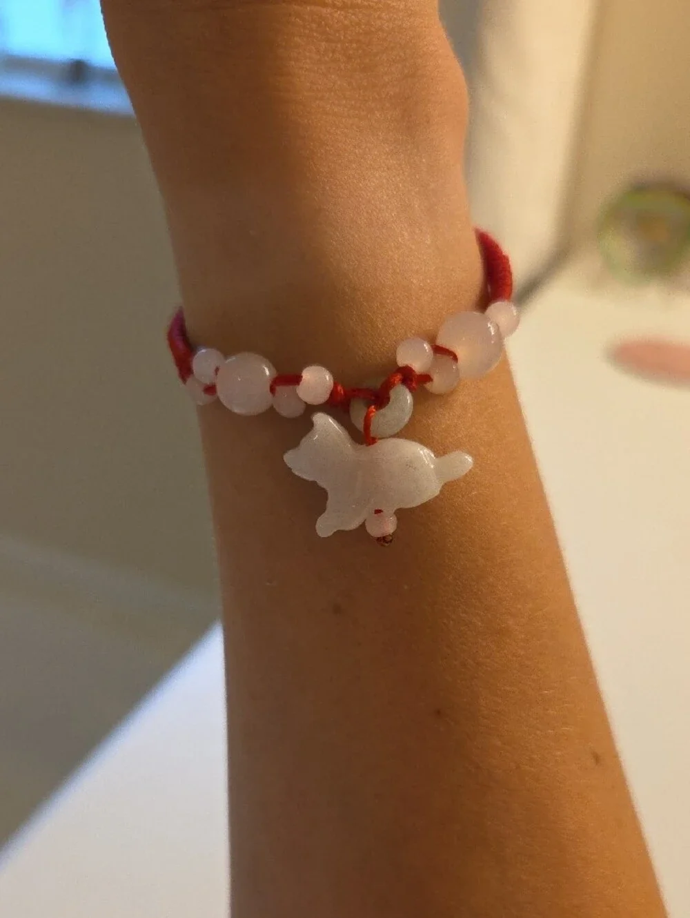 Red Cord Bracelet with White Bead Wolf Charm